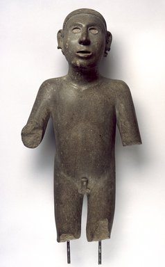 Aztec. <em>Standing Male Figure</em>, 1440-1521. Stone, 27 1/4 x 14 5/8 x 7 1/2 in. (69.2 x 37.1 x 19.1 cm). Brooklyn Museum, Gift of the Estate of Alice M. Kaplan, 2001.28.1. Creative Commons-BY (Photo: Brooklyn Museum, 2001.28.1_SL3.jpg)