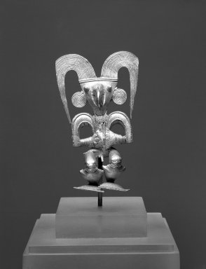 Cauca. <em>Male Figure Pendant</em>, 900-1500 CE. Cast gold, 4 1/8 x 2 3/8 x 7/8 in.  (10.5 x 6.0 x 2.2 cm). Brooklyn Museum, Gift of the Estate of Alice M. Kaplan, 2001.28.2. Creative Commons-BY (Photo: Brooklyn Museum, 2001.28.2_view1_bw.jpg)