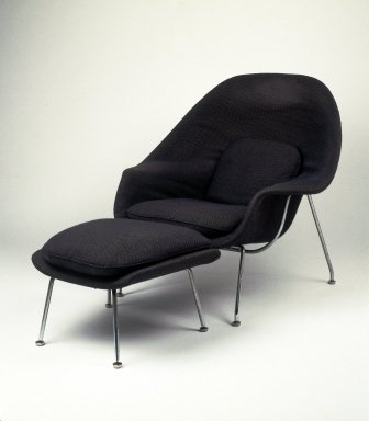 Eero Saarinen (American, born Finland, 1910–1961). <em>Womb Chair, Model No. 70</em>, Designed 1947–1948, Manufactured ca. 1959. Chrome-plated steel, fiberglass, plastic, wood-particle shell, latex foam, original fabric upholstery, 36 x 40 x 34 in.  (91.4 x 101.6 x 86.4 cm). Brooklyn Museum, Gift of Sandra Sheppard Rodgers, Gail Sheppard Moloney, Lynn Sheppard Manger, John W. Sheppard, Jr. from the Estate of their mother, Rose Jackson Sheppard Milbank, by exchange, 2001.37.1. Creative Commons-BY (Photo: Brooklyn Museum, 2001.37.1_IMLS_SL2.jpg)