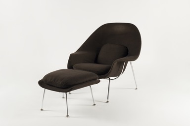 Eero Saarinen (American, born Finland, 1910–1961). <em>Womb Chair, Model No. 70</em>, Designed 1947–1948, Manufactured ca. 1959. Chrome-plated steel, fiberglass, plastic, wood-particle shell, latex foam, original fabric upholstery, 36 x 40 x 34 in.  (91.4 x 101.6 x 86.4 cm). Brooklyn Museum, Gift of Sandra Sheppard Rodgers, Gail Sheppard Moloney, Lynn Sheppard Manger, John W. Sheppard, Jr. from the Estate of their mother, Rose Jackson Sheppard Milbank, by exchange, 2001.37.1. Creative Commons-BY (Photo: Brooklyn Museum, 2001.37.1_PS22.jpg)