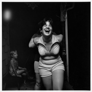 Larry Fink (American, born 1941). <em>[Untitled]  (Young Girl Laughing)</em>, 1980. Gelatin silver photograph, image:  15 x 15 in.  (38.1 x 38.1 cm);. Brooklyn Museum, Gift of Joan Snyder, 2001.79.4. © artist or artist's estate (Photo: Brooklyn Museum, 2001.79.4_bw.jpg)