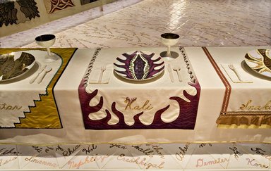 Judy Chicago (American, born 1939). <em>The Dinner Party</em>, 1974-1979. Ceramic, porcelain, textile; triangular table, 576 x 576 in. (1463 x 1463 cm). Brooklyn Museum, Gift of The Elizabeth A. Sackler Foundation, 2002.10. © artist or artist's estate (Photo: , 2002.10-PS-04_Kali_Jook_Leung_photo_9290r2.jpg)