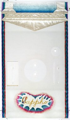 Judy Chicago (American, born 1939). <em>Sappho Place Setting</em>, 1974-1979. Runner:Cotton/linen base fabric, woven interface support material (horsehair, wool, and linen), cotton twill tape, silk, synthetic gold cord, padded silk satin fabric, silk thread
Plate: Porcelain with overglaze enamel (China paint), Runner:51 1/4 x 29 3/4 in. (130.2 x 75.6 cm). Brooklyn Museum, Gift of The Elizabeth A. Sackler Foundation, 2002.10-PS-10. © artist or artist's estate (Photo: , 2002.10-PS-10_runner_PS1.jpg)