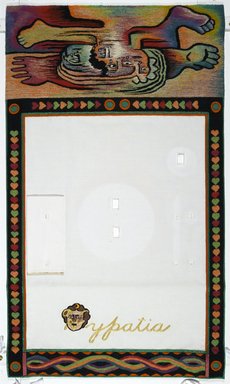 Judy Chicago (American, born 1939). <em>Hypatia Place Setting</em>, 1974-1979. Runner:Cotton/linen base fabric, woven interface support material (horsehair, wool, and linen), cotton twill tape, silk, synthetic gold cord, weft-faced bleached linen tapestry, single-ply wool weft, silk thread, wool thread, rubber rings
Plate: Porcelain with overglaze enamel (China paint) and paint,, Runner:51 1/2 x 29 7/8 in. (130.8 x 75.9 cm). Brooklyn Museum, Gift of The Elizabeth A. Sackler Foundation, 2002.10-PS-13. © artist or artist's estate (Photo: , 2002.10-PS-13_runner_PS1.jpg)