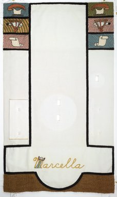 Judy Chicago (American, born 1939). <em>Marcella Place Setting</em>, 1974-1979. Runner:Cotton/linen base fabric, woven interface support material (horsehair, wool, and linen), cotton twill tape, silk, synthetic gold cord, wool, camel hair, wool fabric, silk thread
Plate: Porcelain with overglaze enamel (China paint) and rainbow luster overglaze, Runner:51 1/2 x 29 7/8 in. (130.8 x 75.9 cm). Brooklyn Museum, Gift of The Elizabeth A. Sackler Foundation, 2002.10-PS-14. © artist or artist's estate (Photo: , 2002.10-PS-14_runner_PS1.jpg)