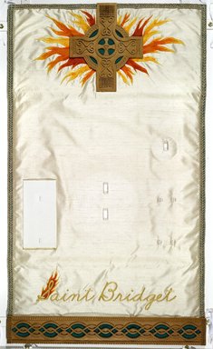 Judy Chicago (American, born 1939). <em>Saint Bridget Place Setting</em>, 1974-1979. Runner:Cotton/linen base fabric, silk, woven interface support material (horsehair, wool, and linen), cotton twill tape, silk, synthetic gold cord, hardwood, wool, monofilament nylon thread, silk, cotton floss thread, yarn, thread
Plate: Porcelain with overglaze enamel (China paint), Runner:51 5/8 x 30 1/4 (131.1 x 76.8 cm). Brooklyn Museum, Gift of The Elizabeth A. Sackler Foundation, 2002.10-PS-15. © artist or artist's estate (Photo: , 2002.10-PS-15_runner_PS1.jpg)