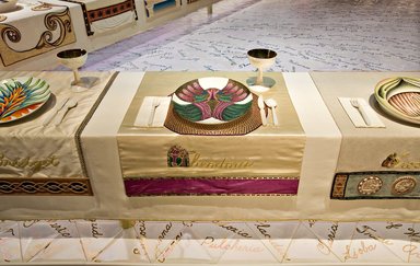 Judy Chicago (American, born 1939). <em>The Dinner Party</em>, 1974-1979. Ceramic, porcelain, textile; triangular table, 576 x 576 in. (1463 x 1463 cm). Brooklyn Museum, Gift of The Elizabeth A. Sackler Foundation, 2002.10. © artist or artist's estate (Photo: , 2002.10-PS-16_Theodora_Jook_Leung_photo_9324r2.jpg)