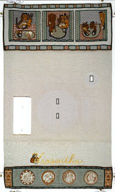 Judy Chicago (American, born 1939). <em>Hrosvitha Place Setting</em>, 1974-1979. Runner: Cotton/linen base fabric, unbleached linen, felt backing, woven interface support material (horsehair, wool, and linen), cotton twill tape, silk, synthetic gold cord, cotton sateen fabric, homemade cords, felt, thread
Plate: Porcelain with overglaze enamel (China paint), Runner: 52 3/8 x 30 1/2 in. (133 x 77.5 cm). Brooklyn Museum, Gift of The Elizabeth A. Sackler Foundation, 2002.10-PS-17. © artist or artist's estate (Photo: , 2002.10-PS-17_runner_PS1.jpg)