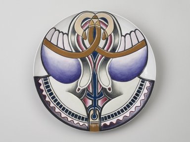 Judy Chicago (American, born 1939). <em>Trotula Place Setting</em>, 1974–1979. Runner:Off-white cotton in satin weave, muslin, woven interface support material (horsehair, wool, and linen), cotton twill tape, silk, synthetic gold cord, colored cotton floss, quilted and appliquéd fabrics, cotton thread
Plate: Porcelain with overglaze enamel (China paint), rainbow luster overglaze, and possibly paint, Runner: 51 3/8 x 29 3/8 in. (130.5 x 74.6 cm). Brooklyn Museum, Gift of The Elizabeth A. Sackler Foundation, 2002.10-PS-18. © artist or artist's estate (Photo: Brooklyn Museum, 2002.10-PS-18_plate_PS9.jpg)