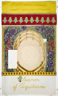 Judy Chicago (American, born 1939). <em>Eleanor of Aquitaine Place Setting</em>, 1974-1979. Runner: Cotton/linen base fabric, woven interface support material (horsehair, wool, and linen), cotton twill tape, silk, synthetic gold cord, tapestry, bleached linen, wool, silk satin, silk thread, felt, appliquéd fabric, thread
Plate: Porcelain with overglaze enamel (China paint) and rainbow luster glaze, Runner: 52 3/8 x 30 5/8 in. (133 x 77.8 cm). Brooklyn Museum, Gift of The Elizabeth A. Sackler Foundation, 2002.10-PS-19. © artist or artist's estate (Photo: , 2002.10-PS-19_runner_PS1.jpg)