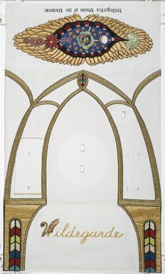 Judy Chicago (American, born 1939). <em>Hildegarde of Bingen Place Setting</em>, 1974-1979. Runner:Cotton/linen base fabric, woven interface support material (horsehair, wool, and linen), cotton twill tape, silk, synthetic gold cord, cotton cord, felt, silk thread, silk satin fabric, colored cords, unknown padding materials, thread
Plate: Porcelain with overglaze enamel (China paint) and metallic iridescent luster glaze, Runner: 51 3/4 x 30 1/2 in. (131.4 x 77.5 cm). Brooklyn Museum, Gift of The Elizabeth A. Sackler Foundation, 2002.10-PS-20. © artist or artist's estate (Photo: , 2002.10-PS-20_runner_PS1.jpg)