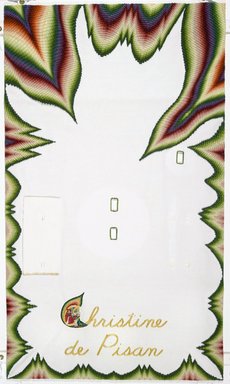 Judy Chicago (American, born 1939). <em>Christine de Pisan Place Setting</em>, 1974-1979. Runner: Cotton/linen base fabric, woven interface support material (horsehair, wool, and linen), cotton twill tape, silk, synthetic gold cord, canvas, wool yarn, thread
Plate: Porcelain with overglaze enamel (China paint), Runner: 51 3/4 x 30 1/8 (131.4 x 76.5 cm). Brooklyn Museum, Gift of The Elizabeth A. Sackler Foundation, 2002.10-PS-22. © artist or artist's estate (Photo: , 2002.10-PS-22_runner_PS1.jpg)
