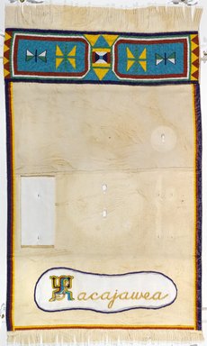 Judy Chicago (American, born 1939). <em>Sacajawea Place Setting</em>, 1974-1979. Runner: Cotton/linen base fabric, cotton twill tape, silk, synthetic gold cord, tanned deerskin, glass beads, thread
Plate: Porcelain with overglaze enamel (China paint) and acrylic matte paint, tanned deerskin, beads, Runner: 51 3/4 x 30 1/8 in. (131.4 x 76.5 cm). Brooklyn Museum, Gift of The Elizabeth A. Sackler Foundation, 2002.10-PS-28. © artist or artist's estate (Photo: , 2002.10-PS-28_runner_PS1.jpg)
