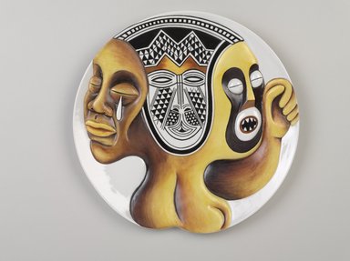 Judy Chicago (American, born 1939). <em>Sojourner Truth Place Setting</em>, 1974–1979. Runner: Cotton/linen base fabric, muslin, flannel, cotton twill tape, silk, synthetic gold cord, cotton triangles, tapestry woven bands, cotton bias tape, cotton floss, thread
Plate: Porcelain with overglaze enamel (China paint), rainbow luster glaze, and paint, Runner: 51 5/8 x 30 1/8 in. (131.1 x 76.5 cm). Brooklyn Museum, Gift of The Elizabeth A. Sackler Foundation, 2002.10-PS-31. © artist or artist's estate (Photo: Brooklyn Museum, 2002.10-PS-31_plate_PS9.jpg)