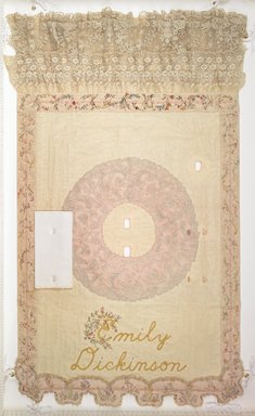 Judy Chicago (American, born 1939). <em>Emily Dickinson Place Setting</em>, 1974-1979. Runner: Cotton/linen base fabric, woven interface support material (horsehair, wool, and linen), cotton twill tape, silk, synthetic gold cord, silk fabric, cotton net, lace, appliquéd needlelace mid-19th-century collar, silk ribbon, coffee dye, tea dye, thread
Plate: Porcelain (or possibly stoneware), overglaze enamel (China paint), and possible additional paint, Runner: 54 x 33 1/2 in. (137.2 x 85.1 cm). Brooklyn Museum, Gift of The Elizabeth A. Sackler Foundation, 2002.10-PS-34. © artist or artist's estate (Photo: , 2002.10-PS-34_runner_PS1.jpg)