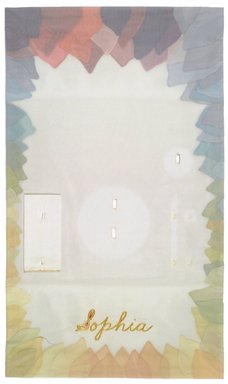 Judy Chicago (American, born 1939). <em>Sophia Place Setting</em>, 1974-1979. Runner: Cotton/linen base fabric, woven interface support material (horsehair, wool, and linen), cotton twill tape, silk, synthetic gold cord, silk chiffon, net
Plate:Porcelain with overglaze enamel (China paint), rainbow overglaze, Runner: 51 1/8 x 30 1/8 in. (129.9 x 76.5 cm). Brooklyn Museum, Gift of The Elizabeth A. Sackler Foundation, 2002.10-PS-6. © artist or artist's estate (Photo: Brooklyn Museum, 2002.10-PS-6_runner_edited_version_PS1.jpg)