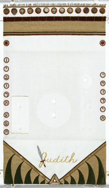 Judy Chicago (American, born 1939). <em>Judith Place Setting</em>, 1974-1979. Runner:Cotton/linen base fabric, woven interface support material (horsehair, wool, and linen), cotton twill tape, silk, synthetic gold cord, velvet, wool, glass beads, etched 14-gauge sheet metal, couched cord, thread
Plate: Porcelain with overglaze enamel (China paint), Runner: 53 5/8 x 30 1/8 in. (136.2 x 76.5 cm). Brooklyn Museum, Gift of The Elizabeth A. Sackler Foundation, 2002.10-PS-9. © artist or artist's estate (Photo: , 2002.10-PS-9_runner_PS1.jpg)