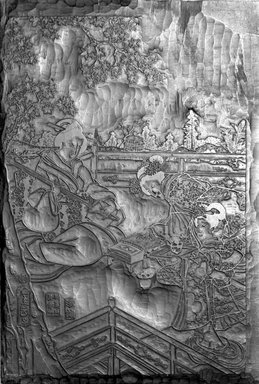Utagawa Kunisada (Toyokuni III) (side a) (Japanese, 1786-1865). <em>Double-sided Key Block for Ukiyo-e Print</em>, ca. 1830. Cherry wood, 15 1/2 x 10 1/8 x 3/8 in. (39.4 x 25.7 x 1 cm). Brooklyn Museum, Gift of Dr. Alvin E. Friedman-Kien, 2002.119.15a-b. Creative Commons-BY (Photo: Brooklyn Museum, 2002.119.15a_bw.jpg)