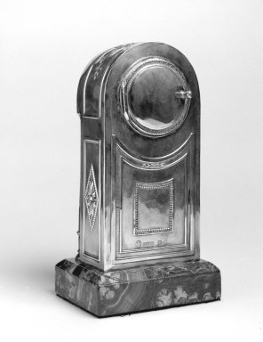 G. Grachev (Russian). <em>Clock</em>, ca.1885. Silver, malachite, other materials, 7 3/4 x 4 1/8 x 3 in. (19.7 x 10.5 x 7.6 cm). Brooklyn Museum, Gift of Lori Price, 2002.123. Creative Commons-BY (Photo: Brooklyn Museum, 2002.123_back_bw.jpg)