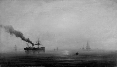 James Hamilton (American, 1819-1878). <em>Foggy Morning on the Thames</em>, ca. 1875. Oil on panel, 9 5/16 x 16 1/4 in. (23.7 x 41.3 cm). Brooklyn Museum, Bequest of Nancy Hay, 2002.32.1 (Photo: Brooklyn Museum, 2002.32.1_bw.jpg)