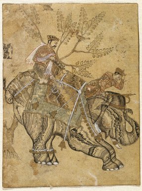 Indian. <em>Stalling Elephant</em>, mid 17th century. Ink, gold and watercolor on paper, Sheet: 6 1/2 x 4 7/8 in. (16.5 x 12.4 cm). Brooklyn Museum, Gift of Dr. Bertram H. Schaffner in celebration of his 90th Birthday, 2002.38 (Photo: Brooklyn Museum, 2002.38_IMLS_SL2.jpg)