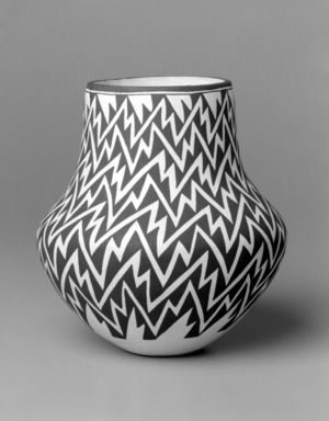 Lucy Martin Lewis (Haak'u (Acoma Pueblo), 1897(?)–1992). <em>Jar</em>, 1985. Clay, slip, 9 1/2 x 9 x 9 in. (24.1 x 22.9 x 22.9 cm). Brooklyn Museum, Gift of Richard J. Elefante, 2002.64.1. Creative Commons-BY (Photo: Brooklyn Museum, 2002.64.1_bw.jpg)