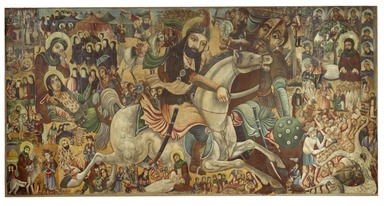 Abbas Al-Musavi. <em>Battle of Karbala</em>, late 19th–early 20th century. Oil on canvas, 69 1/16 × 134 1/2 × 2 1/4 in. (175.4 × 341.6 × 5.7 cm). Brooklyn Museum, Gift of K. Thomas Elghanayan in honor of Nourollah Elghanayan, 2002.6 (Photo: Brooklyn Museum, 2002.6_PS2.jpg)