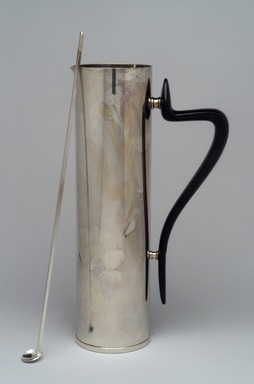 Donald H. Colflesh (American, 1932–2021). <em>Beverage Server and Spoon, Modern Pattern</em>, ca. 1959. Silverplate, plastic, Pitcher: 11 1/8 x 6 1/8 x 3 in. (28.3 x 15.6 x 7.6 cm). Brooklyn Museum, Gift of Jewel Stern, 2003.11.1a-b. Creative Commons-BY (Photo: Brooklyn Museum, 2003.11.1a-b.jpg)