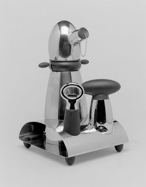 Michael Graves (American, 1934-2015). <em>Bar Set: Corkscrew, Bottle Opener, Cocktail Shaker, with Base</em>, Designed 2001. Stainless steel, santoprene, Overall: 11 3/4 x 8 1/8 x 6 9/16 in. (29.8 x 20.6 x 16.7 cm). Brooklyn Museum, Gift of Michael Graves & Associates, 2003.72.3a-d. Creative Commons-BY (Photo: Brooklyn Museum, 2003.72.3a-d_bw.jpg)