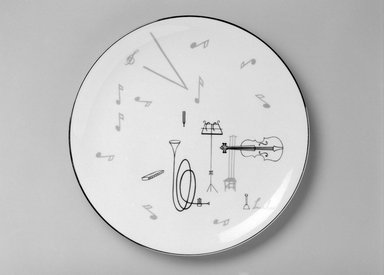 Lucha (unknown). <em>Plate, "Conversation/Music" Pattern</em>, ca. 1954. Porcelain, 1 x 10 3/4 x 10 3/4 in. (2.5 x 27.3 x 27.3 cm). Brooklyn Museum, Gift of Charles Venable and Martin Webb, 2004.14.1. Creative Commons-BY (Photo: Brooklyn Museum, 2004.14.1_bw.jpg)