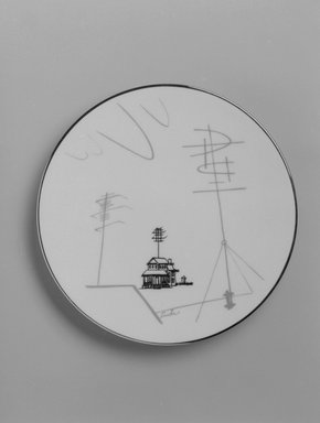 Lucha (unknown). <em>Plate, "Conversation/Antenna" Pattern</em>, ca. 1954. Porcelain, 5/8 x 6 7/16 x 6 7/16 in. (1.6 x 16.4 x 16.4 cm). Brooklyn Museum, Gift of Charles Venable and Martin Webb, 2004.14.2. Creative Commons-BY (Photo: Brooklyn Museum, 2004.14.2_bw.jpg)