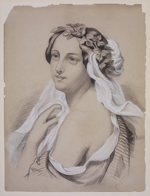Jane E. Sloan. <em>Portrait of a Woman Adorned with a Wreath of Leaves</em>, 19th century. White chalk and black media (probably oil pastel or conté) over graphite on wove paper drymounted to a matboard backing, Sheet: 18 x 13 1/2 in. (45.7 x 34.3 cm). Brooklyn Museum, Bequest of Elisabeth Sloan Livingston, 2004.24.1 (Photo: Brooklyn Museum, 2004.24.1.jpg)