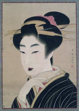Gion Seitoku (Japanese, 1781- ca. 1829). <em>Beauty</em>, early 19th century. Hanging scroll, ink, color, gofun, and mica on paper, Image: 22 3/8 x 15 7/8 in. (56.8 x 40.3 cm). Brooklyn Museum, Gift of Betsy and Robert S. Feinberg, 2004.27 (Photo: Brooklyn Museum, 2004.27.jpg)