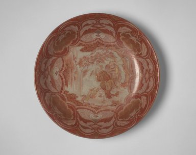  <em>Plate</em>, 19th century. Porcelain with overglaze red and gold enamel, 2 3/16 x 11 1/8 in. (5.6 x 28.2 cm). Brooklyn Museum, The Peggy N. and Roger G. Gerry Collection, 2004.28.155. Creative Commons-BY (Photo: Brooklyn Museum, 2004.28.155_top.jpg)