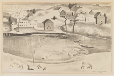 Marguerite Thompson Zorach (American, 1887–1968). <em>Rural Scene with Pond and Sheep</em>, ca. 1920–1930. Lithograph on paper, Sheet: 16 x 20 3/16 in. (40.6 x 51.3 cm). Brooklyn Museum, Bequest of George Turitz, 2004.72.1. © artist or artist's estate (Photo: Brooklyn Museum, 2004.72.1_IMLS_PS3.jpg)