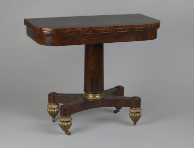 Unknown. <em>Card Table</em>, ca. 1815–1820. Mahogany, other woods, gilt bronze, marbled paper, 30 1/2 x 36 1/8 x 17 7/8 in. (77.5 x 91.8 x 45.4 cm). Brooklyn Museum, Gift of Andrew Berrien Jones, 2004.95.2. Creative Commons-BY (Photo: Brooklyn Museum, 2004.95.2_PS2.jpg)