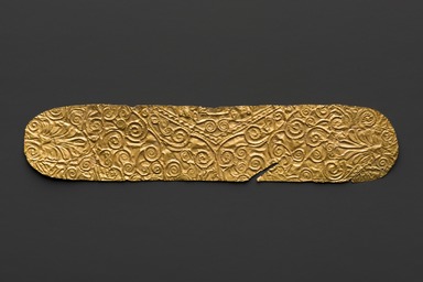 Scythian. <em>Plaque with spirals and palmettes</em>, ca. 400–300 B.C.E. Gold, 1 3/8 x 6 11/16 in. (3.5 x 17 cm). Brooklyn Museum, Gift of Rosemarie Haag Bletter and Martin Filler, 2004.99. Creative Commons-BY (Photo: Brooklyn Museum, 2004.99_overall_PS20.jpg)