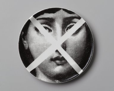 Piero Fornasetti (Italian, 1913–1988). <em>Plate, Theme and Variation</em>, ca. 1954. Glazed earthenware, 1/2 x 4 1/8 x 4 1/8 in. (1.3 x 10.5 x 10.5 cm). Brooklyn Museum, Gift of the Estate of Jane Adams Breed, 2005.37.4. Creative Commons-BY (Photo: Brooklyn Museum, 2005.37.4_PS2.jpg)