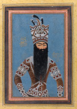 Mihr 'Ali (Iranian, active ca. 1800-1830). <em>Portrait of Fath 'Ali Shah Qajar</em>, 1815. Ink, opaque watercolor, and gold on paper, 3 1/2 x 5 in. (8.9 x 12.7 cm). Brooklyn Museum, Gift of Laura L. Barnes, David Ellis, Mr. and Mrs. Alfred H. Otto, Mabel Reiner, and anonymous gifts, by exchange, 2005.56 (Photo: Brooklyn Museum, 2005.56_PS1.jpg)