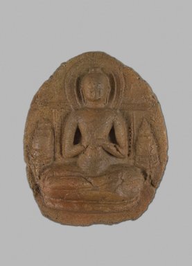  <em>Buddha Shakyamuni on a Throne with Two Stupas on Lotuses</em>, 12th-13th century. Molded red terracotta, 4 x 3 1/8 in. (10.2 x 7.9 cm). Brooklyn Museum, Gift of Dr. Bertram H. Schaffner, 2005.78.12. Creative Commons-BY (Photo: Brooklyn Museum, 2005.78.12_PS5.jpg)