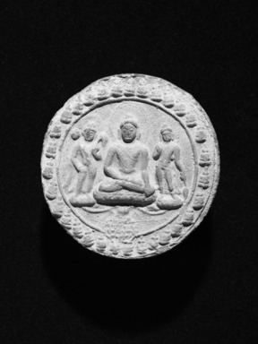  <em>Seated Buddha with Attendant Bodhisattva</em>, 9th-10th century. Molded terracotta plaque, 3 1/4 x 3 1/4in. (8.3 x 8.3cm). Brooklyn Museum, Gift of Dr. Bertram H. Schaffner, 2005.78.14. Creative Commons-BY (Photo: Brooklyn Museum, 2005.78.14_view1_bw.jpg)