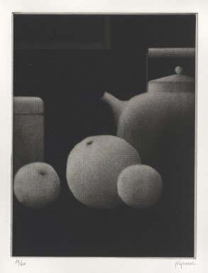 Robert Kipniss (American, born 1931). <em>Still life w/bottle & fruit</em>, 2005. Mezzotint, Sheet: 10 x 9 1/4 in. (25.4 x 23.5 cm). Brooklyn Museum, Gift of James F. White, 2006.16.8. © artist or artist's estate (Photo: Brooklyn Museum, 2006.16.8_PS4.jpg)