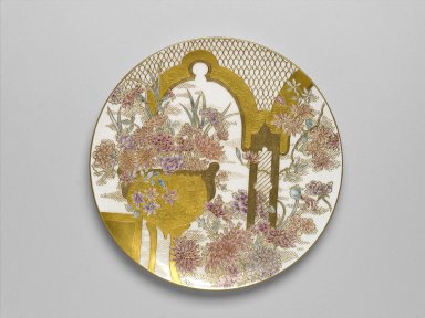 James Callowhill (English, 1838–1913, active United States, ca. 1885–1913). <em>Plaque</em>, ca. 1887–1888. Ceramic, glaze, polychrome enamels, gold enamels, 1 x 10 5/8 in. diameter (2.5 x 27 cm). Brooklyn Museum, Brooklyn Museum Collection, 2006.6.1. Creative Commons-BY (Photo: Brooklyn Museum, 2006.6.1_PS1.jpg)