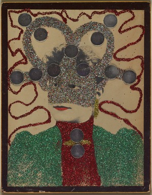 May Wilson (American, 1905–1986). <em>Untitled II (Portrait)</em>, 1966–1967. Albumen photograph with glitter, round mirrors and red paint., mount: 10 3/4 × 13 7/8 in. (27.3 × 35.2 cm). Brooklyn Museum, Emily Winthrop Miles Fund, 2007.11.2. © artist or artist's estate (Photo: Brooklyn Museum, 2007.11.2_PS9.jpg)