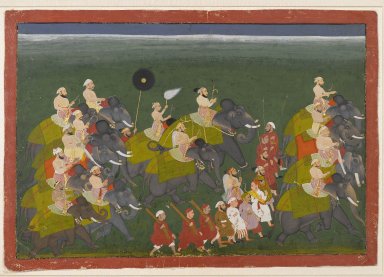  <em>Maharana Sangram Singh of Mewar Riding in an Elephant Procession</em>, ca. 1730–40. Opaque watercolor and gold on paper, 13 7/8 x 19 13/16 in. (35.2 x 50.3 cm). Brooklyn Museum, Gift of Dr. Bertram H. Schaffner, 2007.30 (Photo: Brooklyn Museum, 2007.30_PS2.jpg)