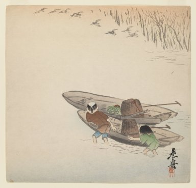 Shibata Zeshin (Japanese, 1807-1891). <em>Fishermen with Boats</em>, ca. 1890. Color woodblock print on paper, 9 1/2 x 9 7/8 in. (24.1 x 25.1 cm). Brooklyn Museum, Gift of the Estate of Dr. Eleanor Z. Wallace, 2007.32.101 (Photo: Brooklyn Museum, 2007.32.101_IMLS_PS3.jpg)
