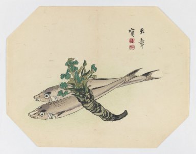 Kawabata Gyokusho (Japanese, 1842-1913). <em>Two Fish and a Wasabi Plant</em>, ca. 1890. Woodblock color print, 8 3/4 x 11 3/8 in. (22.2 x 28.9 cm). Brooklyn Museum, Gift of the Estate of Dr. Eleanor Z. Wallace, 2007.32.16 (Photo: Brooklyn Museum, 2007.32.16_IMLS_PS3.jpg)