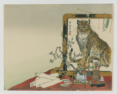 Kawanabe Kyosai (Japanese, 1831-1889). <em>Standing Screen (Tsuitate) of a Tiger</em>, 1878. Color woodblock print on paper, 9 x 11 5/16 in. (22.9 x 28.7 cm). Brooklyn Museum, Gift of the Estate of Dr. Eleanor Z. Wallace, 2007.32.20 (Photo: Brooklyn Museum, 2007.32.20_PS1.jpg)