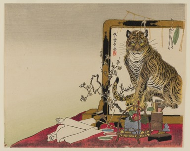 Kawanabe Kyosai (Japanese, 1831-1889). <em>Standing Screen (Tsuitate) of a Tiger</em>, 1878. Color woodblock print on paper, 9 x 11 5/16 in. (22.9 x 28.7 cm). Brooklyn Museum, Gift of the Estate of Dr. Eleanor Z. Wallace, 2007.32.20 (Photo: Brooklyn Museum, 2007.32.20_PS20.jpg)