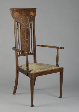  <em>Armchair</em>, ca. 1900. Mahogany, various light woods, modern upholstery, 45 x 20 3/4 x 17 1/2 in. (114.3 x 52.7 x 44.5 cm). Brooklyn Museum, Bequest of Dr. Eleanor Z. Wallace, 2007.40.1. Creative Commons-BY (Photo: Brooklyn Museum, 2007.40.1_PS2.jpg)